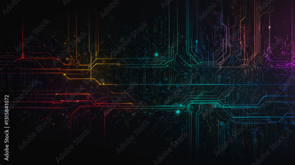 Aufkleber futuristic circuit board with colorful neon paths..