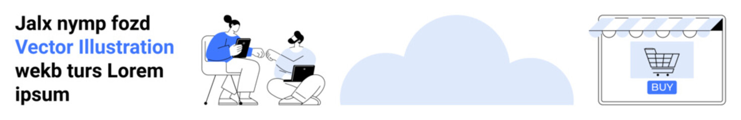 Two people interact with digital devices beside a storefront design featuring a shopping cart concept. Ideal for e-commerce, online shopping, remote work, digital marketing, web design, business