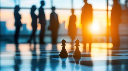 Strategic Business Planning: Chess Pieces and Silhouetted Businesspeople at Sunset
