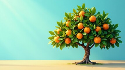 Lush vibrant orange tree laden with ripe fruit against a serene teal backdrop, a symbol of abundance and natural beauty