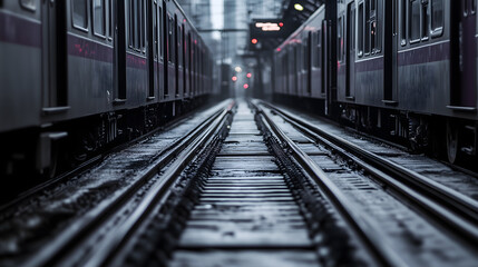 dramatic perspective of parallel train tracks between two stationary trains in urban setting, with wet rails reflecting ambient light. scene conveys sense of depth and motion