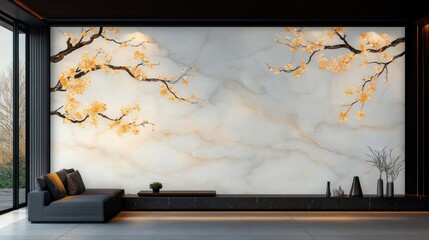 Elegant living room interior with a stunning marble wall mural featuring delicate cherry blossom branches. Calming and sophisticated.