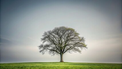 Fototapeta premium A solitary tree stands isolated against a vast gray background, its branches stretching towards the sky like nature's own work of art, serene atmosphere, trees, greenery, gray landscape, foliage