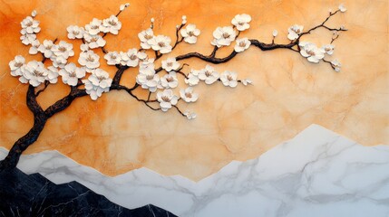 Serene 3D art of a flowering branch against a warm, marble background. A peaceful, artistic depiction of nature's beauty.
