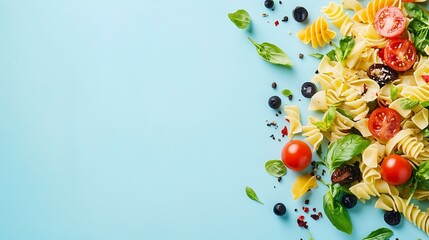 Fresh Pasta Salad with Vegetables on a Light Blue Background