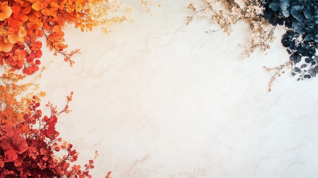 Vibrant autumnal floral arrangement on a marble background. Warm and cool tones create a striking contrast. Perfect for fall wedding invitations or seasonal designs.