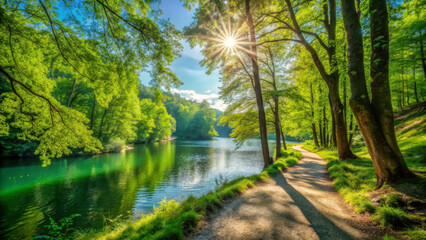 serene landscape featuring tranquil lake surrounded by lush green trees, with sunlight streaming through leaves, creating peaceful atmosphere