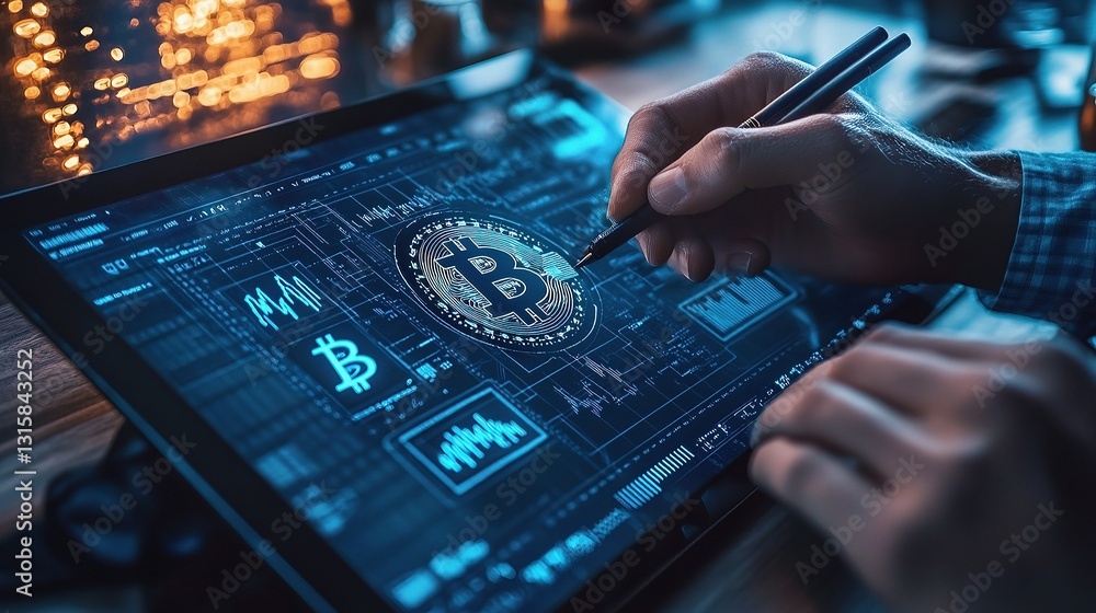 Poster digital artist creating nft on drawing tablet with bitcoin graphics
