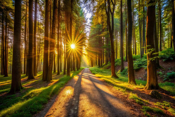 serene forest path illuminated by sunlight, surrounded by tall trees and lush greenery, creating peaceful atmosphere