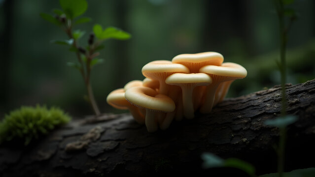 A cluster of Pleurotus ostreatus mushrooms with oyster-shaped caps, glowing under soft light on a decaying tree trunk in a serene forest.