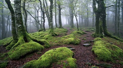Obraz premium Misty Forest Path: Enchanting Mossy Trail Through Ancient Trees