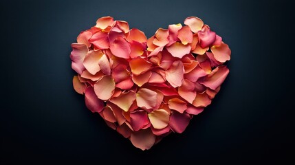 Obraz premium Rose petals arranged in heart shape on dark background. Perfect for Valentine's Day, love, and romance themed designs.