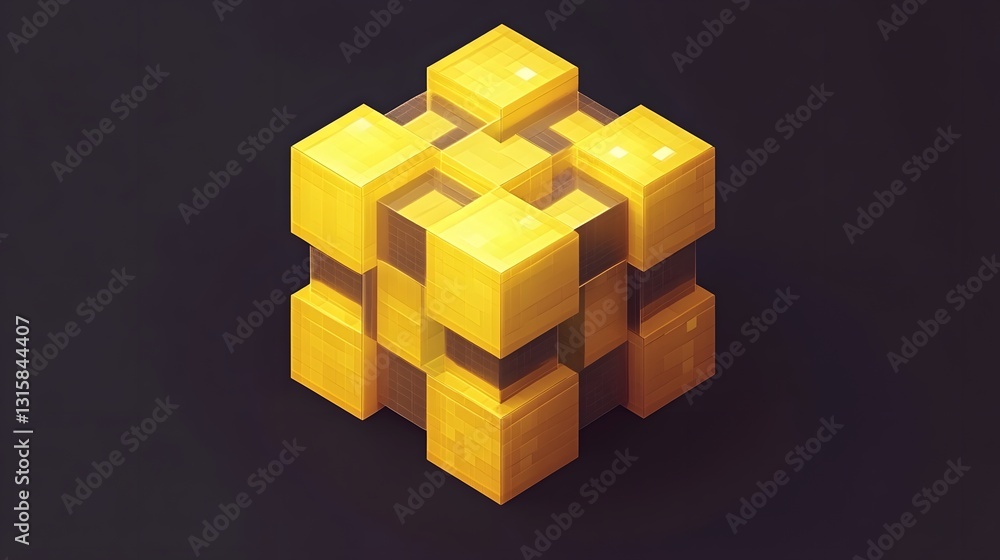 Poster golden cube abstract pixel art: a digital 3d blocky structure