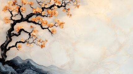Fototapeta premium Serene art print featuring a dark tree branch with peach blossoms on a beige marble background.