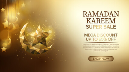 Ramadan Kareem Luxury Discount Banner with Islamic glowing crescent moon and stars background