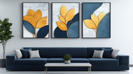 Elegant gold and blue abstract floral artwork adds a touch of sophistication to a modern living room.