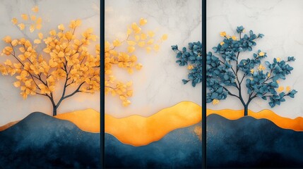 Triptych of stylized trees in gold and teal against a marble background.  A minimalist and elegant art piece.