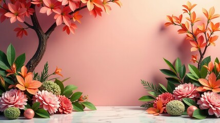 Vibrant Floral Arrangement with Peach-Colored Blossoms and Lush Greenery on a Marble Surface Against a Soft Pink Background
