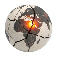 Globe Transparent Background, A cracked globe with glowing light from within, symbolizing environmental issues and global warming.