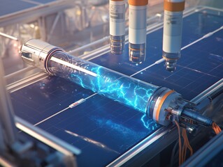 A cross-section of a hydrogen fuel cell glows with blue plasma, with a solar panel production line blurred in the background, captured in a technical realism style that highlights the intricate detail