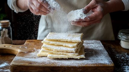 Hands dusting powdered sugar on freshly baked pastries creating a beautiful sweet treat ready to be served and eaten