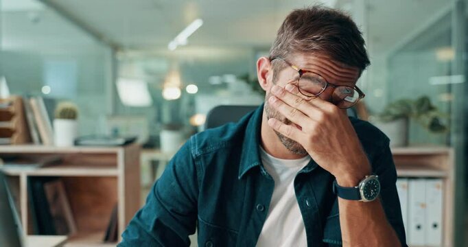 Stress, eye strain and businessman in office with budget, report and deadline for global client. Burnout, tired and financial advisor with fatigue for overtime, headache and frustrated with migraine