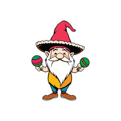 Cartoon Gnome Holding Maracas Wearing Mexican Hat Isolated Art
