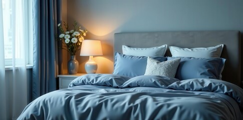 Serene Bedroom Interior Design Featuring Soft Blue Bedding, a Nightstand Lamp, and Fresh Flowers