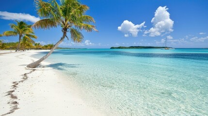 Naklejka premium Tropical Beach Landscape with Clear Turquoise Water, White Sand, and Elegant Palm Trees Under a Bright Blue Sky with Fluffy Clouds in Paradise Setting