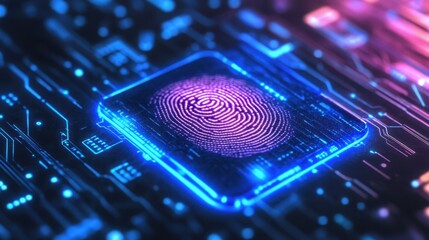 Futuristic Circuit Board with Neon Fingerprint Pattern Design