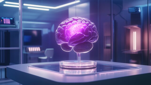 Futuristic Brain Model with Neon Glow in High-Tech Laboratory