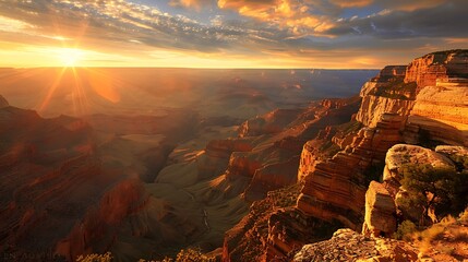 A breathtaking sunrise over a vast canyon, illuminating the rock formations in golden hues