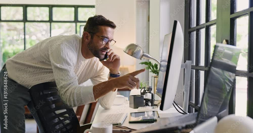 Poster computer, phone call and pointing with man in home office for remote work or startup business. conve