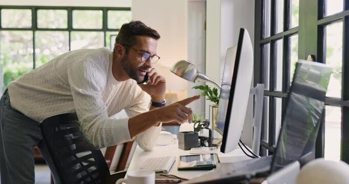 Computer, phone call and pointing with man in home office for remote work or startup business. Conversation, design and walking with freelance employee in apartment for feedback, review or update