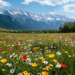 Obraz premium A vibrant flower field in front of majestic snow-capped mountains under a clear blue sky.
