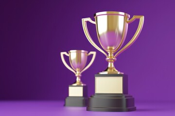 Achievements symbol, 3D trophy icon, purple background.
