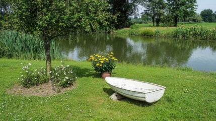 Idyllic Scene of a White Boat Beside a Flowering Garden with Yellow Flowers and a Calm River on a Sunny Day in the Countryside
