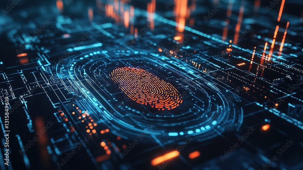 Poster futuristic cybersecurity concept with fingerprint scan and data lines