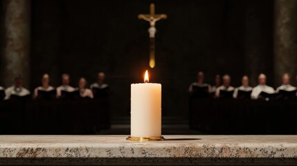 Lit candle with choir singing in a church during a religious service of faith, prayer and worship