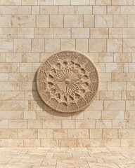 Architectural Wall Ornament with Intricate Circular Pattern and Beige Stone Brickwork Detail