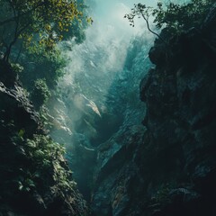 Obraz premium Sunbeams Illuminate Mystical Forest Canyon Dark Green Foliage and Misty Atmosphere