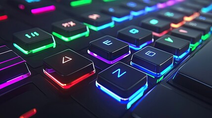 Close-Up View of Colorful LED Backlit Gaming Keyboard Keys Illuminated in a Dark Environment with a Futuristic Design and Modern Aesthetics