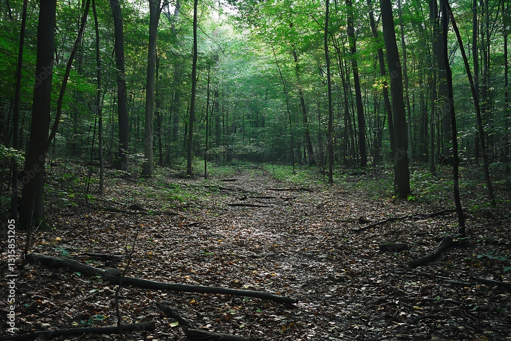 Poster Serene view of a tranquil forest path surrounded by lush green trees on a misty autumn day : Generative AI