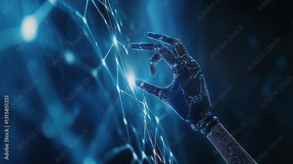 Poster robotic hand touching digital network in ai machine learning concept