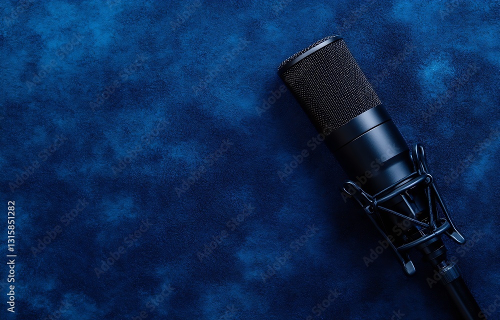 Poster professional microphone placed on a textured blue background showcasing audio recording equipment fo