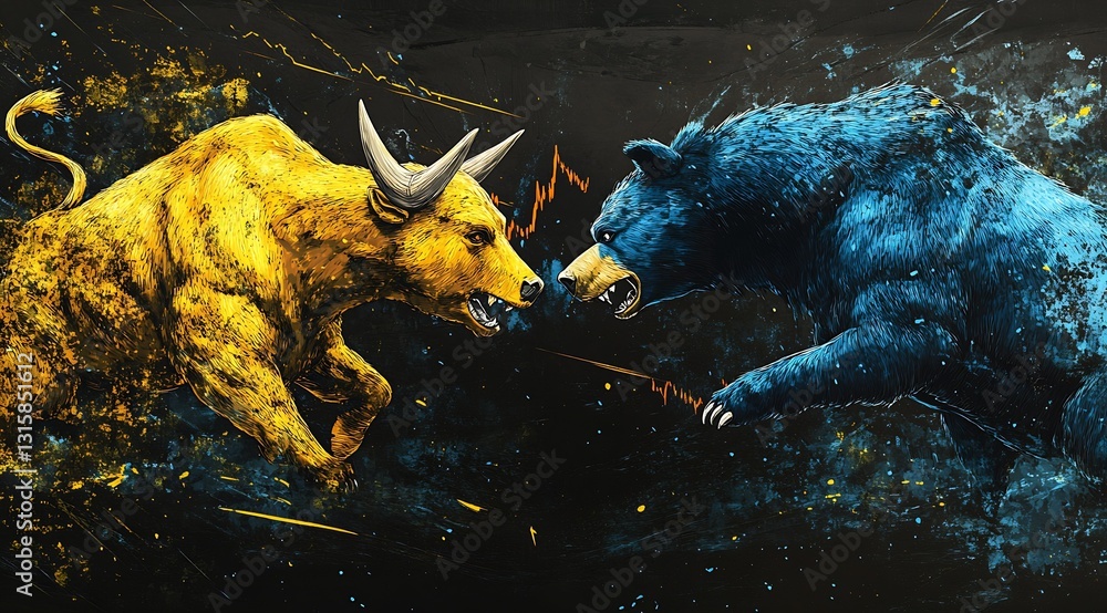 Poster dynamic clash of colors depicting a bull and bear representing market volatility and financial strug