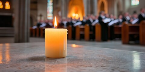 Burning candle illuminates church service scene with choir singing in the background, religious gathering.
