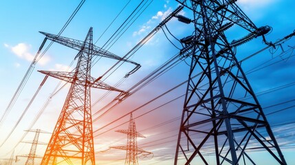 Power Transmission Lines against Vibrant Sunset Sky Landscape