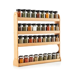 wooden abacus with spices jars isolated on white background