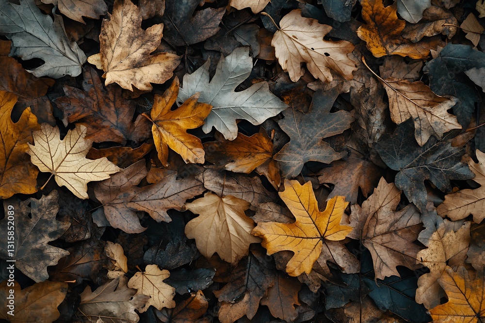 Poster close-up view of colorful autumn leaves scattered on the ground in natural sunlight : generative ai